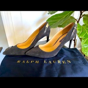 Charcoal suede Ralph Lauren pumps w/ metal detail